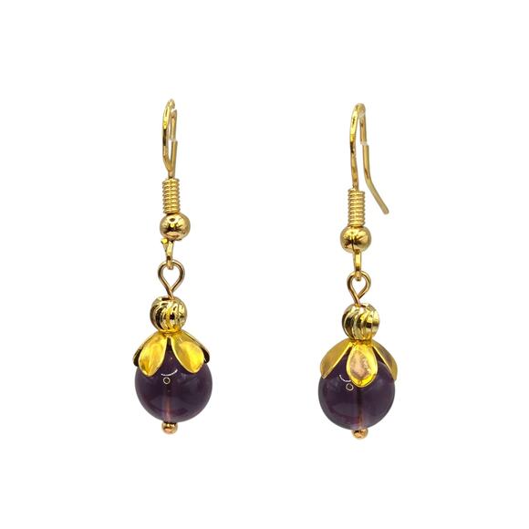 Amethyst Pierced Earrings Bead Dangle Drop Gold Tone 8mm Purple SKU 2807 - Picture 4 of 4